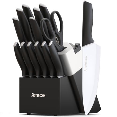 Astercook Knife Set, Kitchen Knives with Block and Sharpener 15 Pcs German Stainless Steel Knives Sharp Blade Dishwasher Safe Deba Knives with Ergonomic Handle, Elegant Black