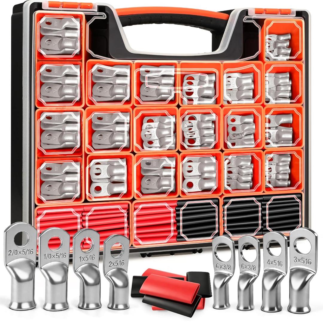 Kuject 220PCS Tinned Copper Wire Lugs Kit AWG 2/0 1/0 1 2 4 6 8 Gauge, Heavy Duty Battery Cable Lug Ends, Ring Terminal Connectors Assortment with 110PCS 3:1 Heat Shrink Tubing