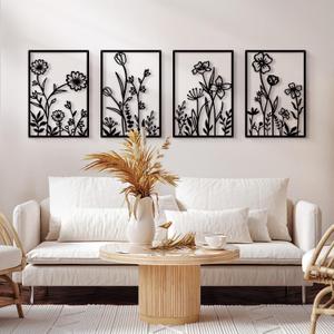 Sokurdeg Black Metal Flowers Wall Decor, Minimalist Floral Wall Hanging Art, Black Abstract Line Wall Art Sculptures for Bedroom Bathroom Living Room (4 Pcs, 12 x 17 in)