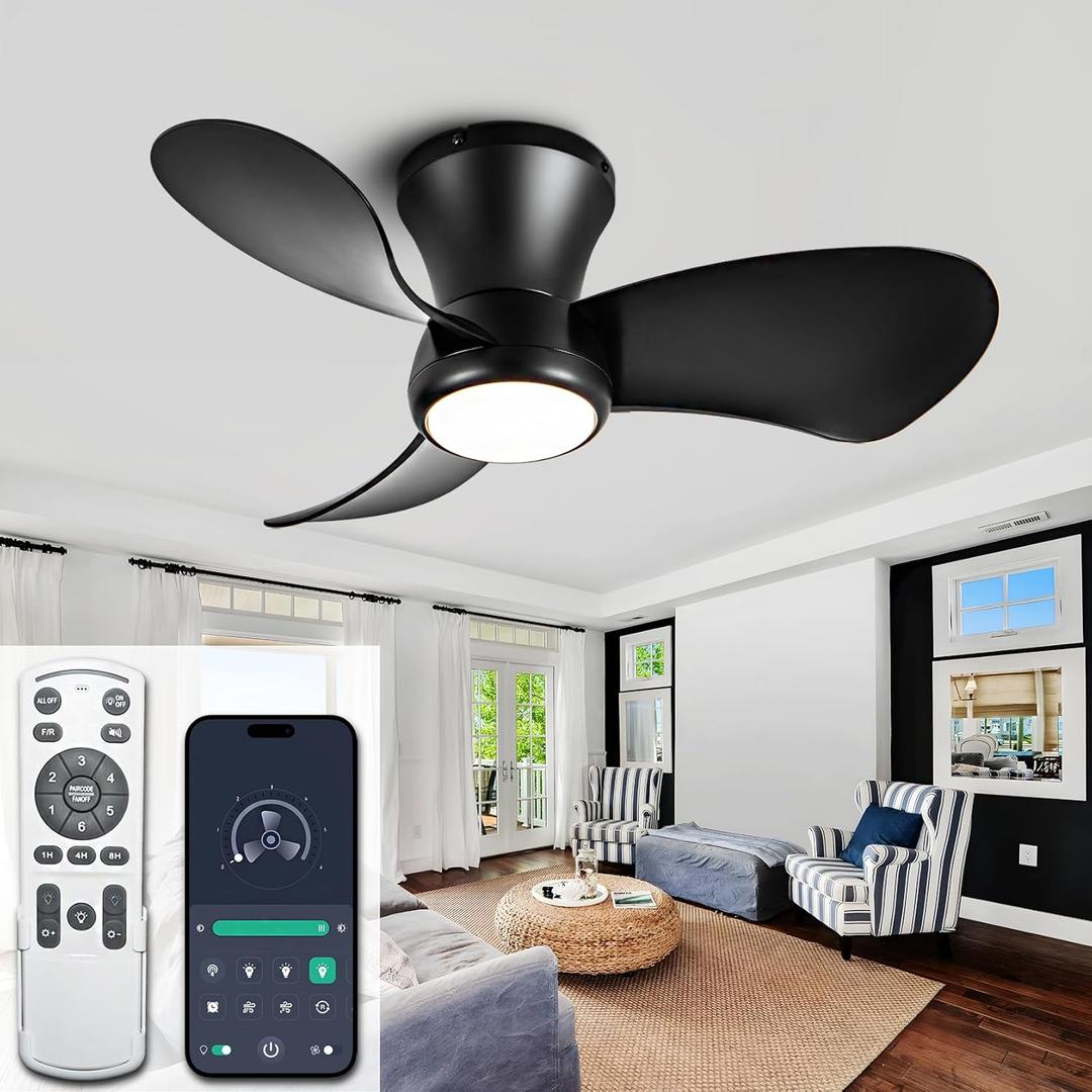 24 Inch Flush Mount Ceiling Fans with Lights, High Airflow Remote/APP Control, 3CCT Dimmable LED Light, Recessed Ceiling Fan for Kitchen, Bedroom, Patio (Black)