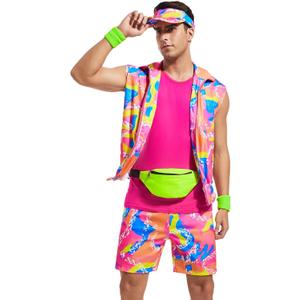 6 Pieces 80s Workout Costume for Men Halloween Cosplay 80s 90s Workout Outfit Party Clothing for Adult Mens (Large, Pink)