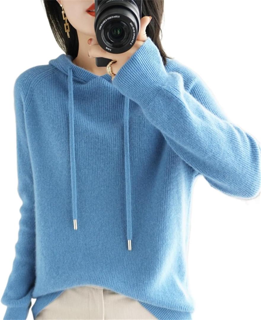 Womens Cashmere with Pullovers,Winter Casual Knitting Hoodie Fashion Sweater,Fall Drawstring Thick Sweater (XX-Large, Blue)