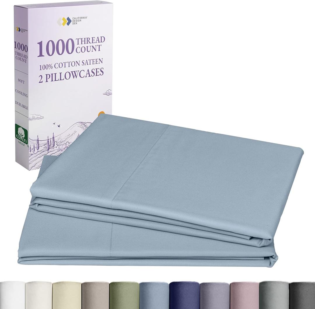 California Design Den Pillow Cases Standard Size Set of 2-1000 Thread Count Sateen, Soft and Thick 100% Cotton Standard/Queen Pillowcases, Durable - Blue