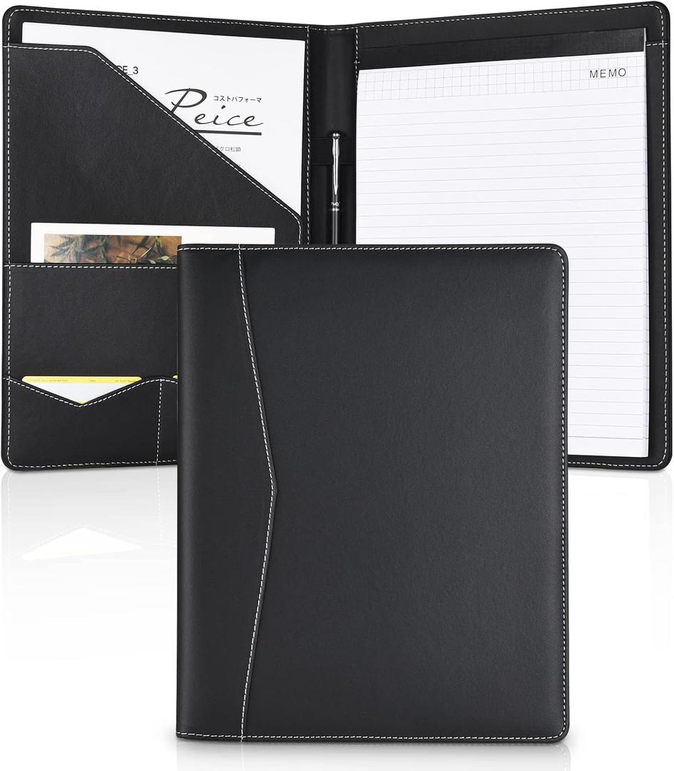 Pacific Mailer Padfolio Portfolio Leather Binder, Interview Legal Document Organizer, Business Card Holder Included Letter Sized Writing Pad [Piano Noir Faux Leather Matte Finish] (Padfolio (9.75" x 12.5" x 1"), Black)