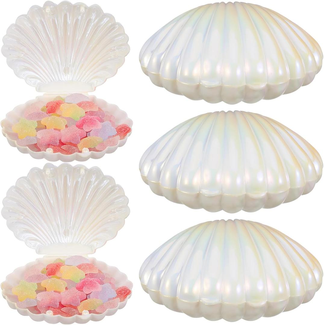 Veemoon Sea Shell Candy Boxes, 10pcs Sea Clam Favor Box Plastic Chocolate Container Seashell Jewelry Case Party Seashell Holder for Wedding Birthday Beach Party Decorations, White