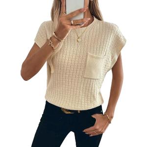 Womens Short Sleeve Sweaters Summer Cap Sleeve Tops Casual Crewneck Oversized Lightweight Knit Sweater Vest (Beige, L)