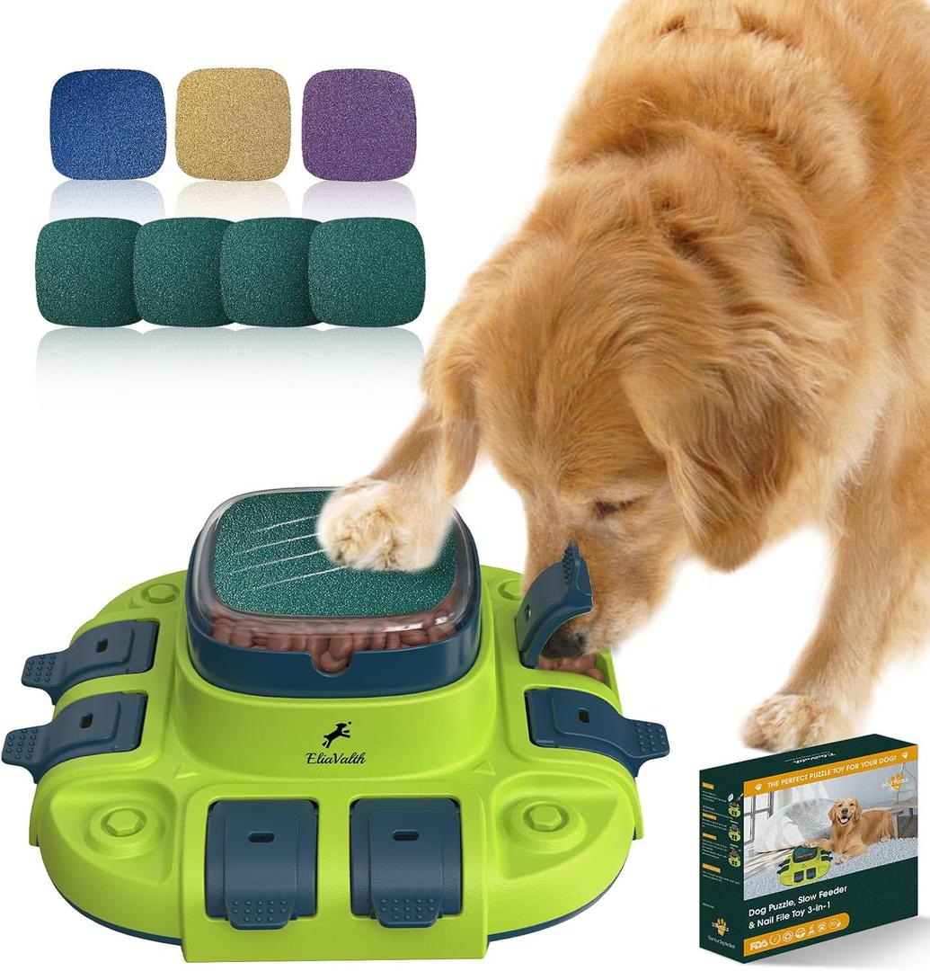 Dog Puzzle, 3-in-1 Dog Interactive Toy: Puzzle, Slow Feeder Bowls & Nail File Green