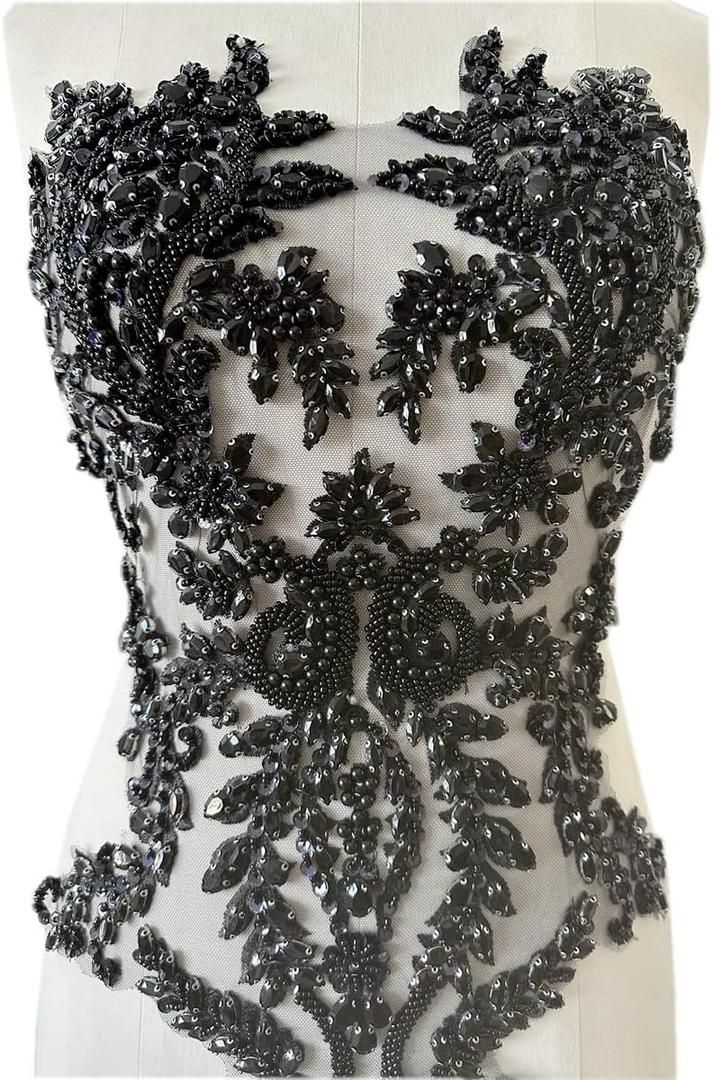 Handmade Shiny Rhinestones Applique handsewing Beaded Sequins Crystal on lace Trim Patches for Prom Dress Clothing Decorative Accessories (Black)