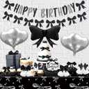 Black Bow Happy Birthday Decorations - Women Girls Bow Theme Party Decorations with Honeycomb Centerpieces, Banner, Foil Balloons, Tablecloth, Elegant Black Girly Birthday Party Decor for Girls Women