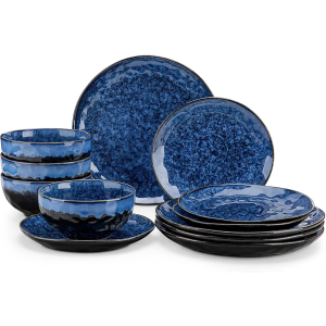 vancasso Starry Dinnerware Set for 4, Handmade Reactive Glaze Stoneware 12 Pieces Plates and Bowls Sets, Dishwasher and Microwave Safe Dish Set, Blue