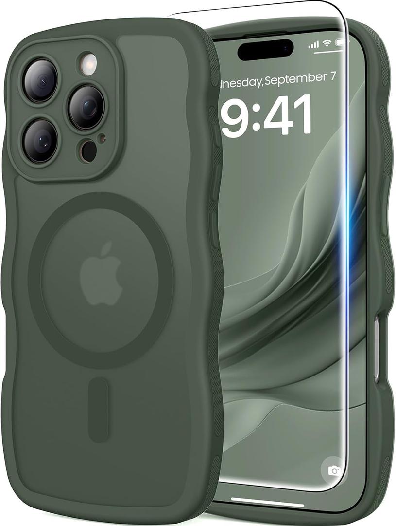 3 in 1 Magnetic for iPhone 16 Pro Max Case, Cute Wavy [Full Camera Protection] [Fit for MagSafe] 1X Screen Protector+1X Wrist Strap, Anti-Slip Women Girly Case for iPhone 16 Pro Max 6.9", Deep Green