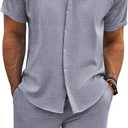COOFANDY Men's Summer Beach Outfits 2 Piece Short Sleeve Shirts and Shorts Vacation Texture Linen Sets for Men (Medium, Dark Blue Grey)