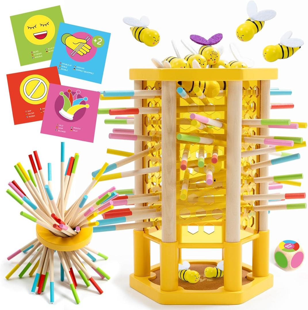 Nene Toys BeeFall Jumbo, 4-in-1 Wooden Honey Bee Toy for Kids Ages 3-9 - Educational Game with Wooden Honeybee Hive, 12 Bees, Colorful Sticks, Dice & Cards - Fun Family Game for Cognitive Development