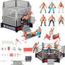 32Pcs Wrestling Toys for Kids, Wrestlers Playset with 12 Wrestling Action Figures, Wrestling Rings, Many Realistic Accessories, Toy Figures & Playset Gift for 2 3 4 5 6 Boys Girls, Cool Cake Toppers