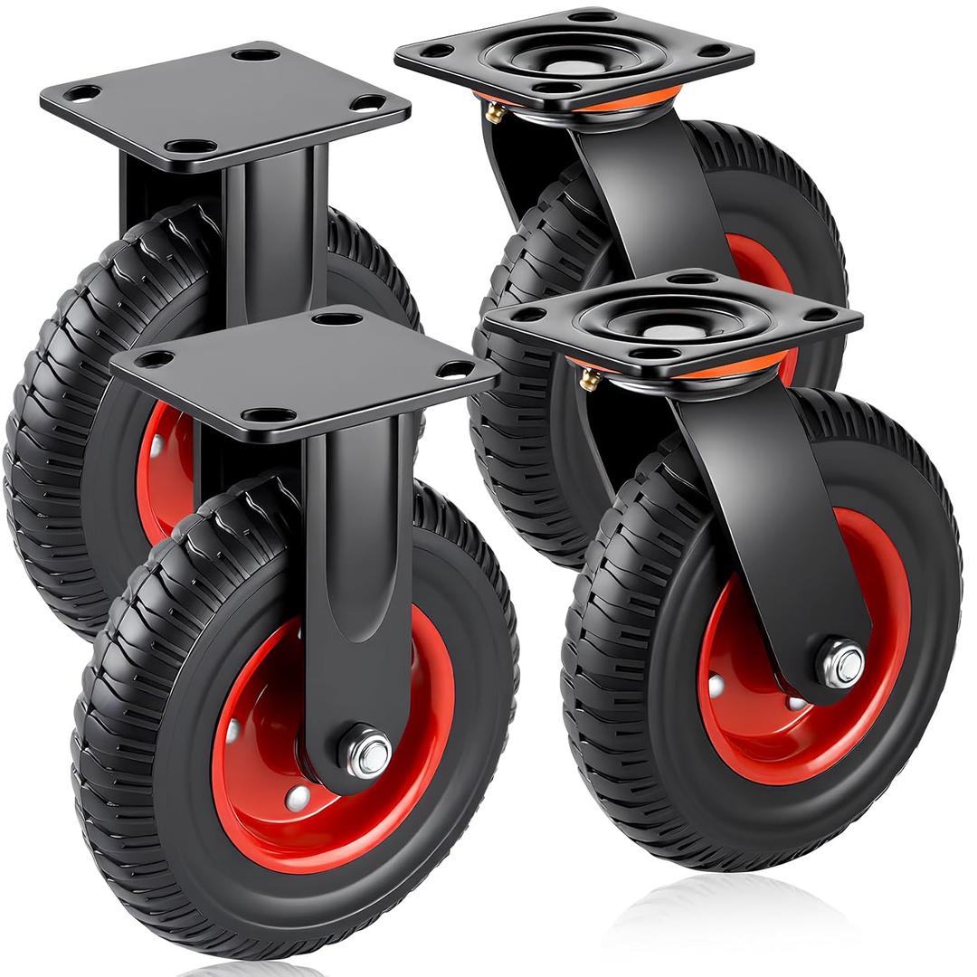 Homwin 8 Inch Caster Wheels Set of 4 Heavy Duty, Solid Rubber All Terrain Castors 2200 LB Capacity Off Road Roller Wheels Industrial Plate Casters for Furniture, Cart, Chicken Coop, Workbench, Dolly