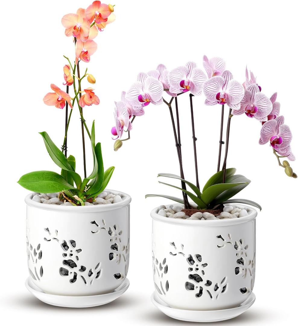 FoldTier 2 Pack 6.5 Inch Large Orchid Pot with Holes and Saucer for Root Health with Precise Aeration and Drainage, Ceramic Orchid Planter Pot for Repotting or New Plants Indoor Outdoor Use(White), 6.3 x 6.3 x 6.5 inches