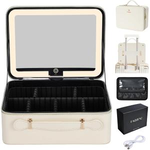Faquenc Leather Makeup Case with LED Lighted Mirror 11.4 Inch Travel Makeup Bag Adjustable Brightness in 3 Colors Cosmetic Organizer Artist Storage Bag with Dividers Brush Holder Bag Vanity White