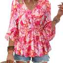 Timeson Women's 3/4 Sleeve Tops Dressy Casual V Neck Floral Blouses Elastic Waist Fall Shirts (Pink, XL)