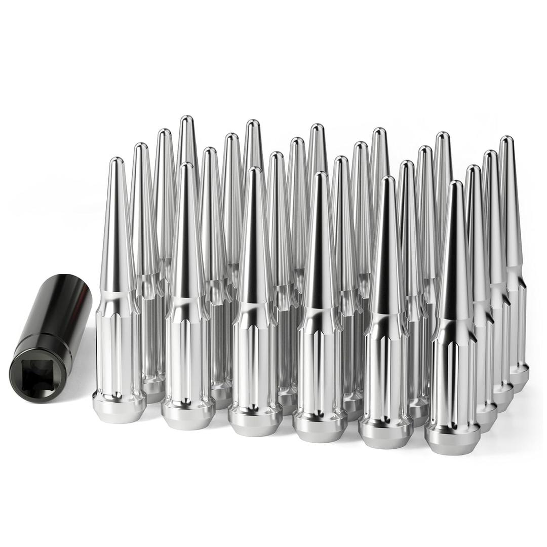 M14x1.5 Spike Lug Nuts 24 Pcs, Chrome Spiked Lug Nut with Spline Key for Chevy Silverado 1500 GMC Sierra Yukon Tahoe Ford F150, 14mm x1.5 Acorn Solid Metal Truck Lug Nut Wheel Accessories