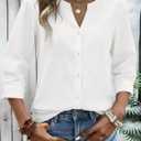 Zeagoo Button Down Shirts for Women 3/4 Sleeve Linen Cotton V Neck Tops Dressy Casual Loose Work Blouses (White, S)