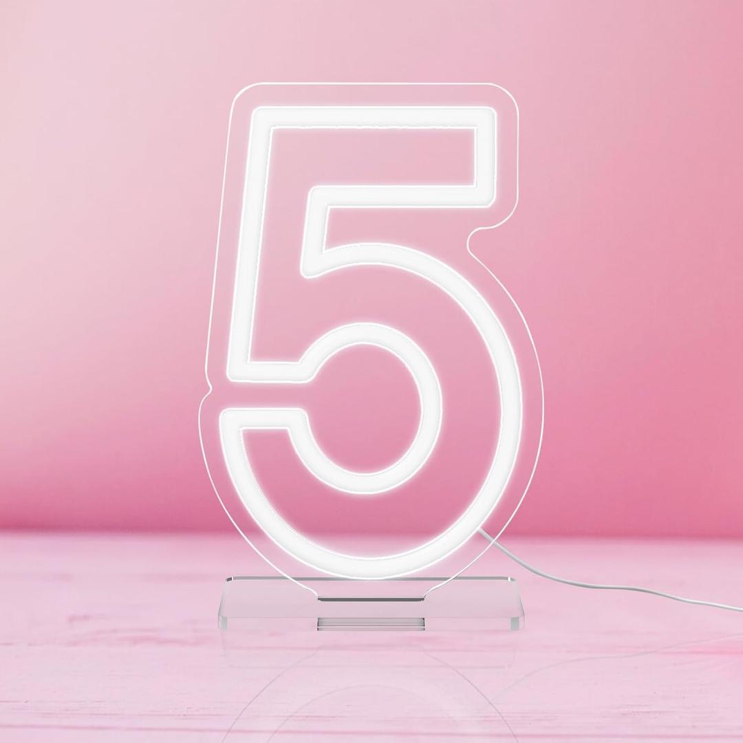 YALLOVE Neon Sign Number 5, 9.8 inches Height USB Powered Night Light-up Numbers for Birthdays Decor, Party Anniversary, Cafe Bar Decor (Small)