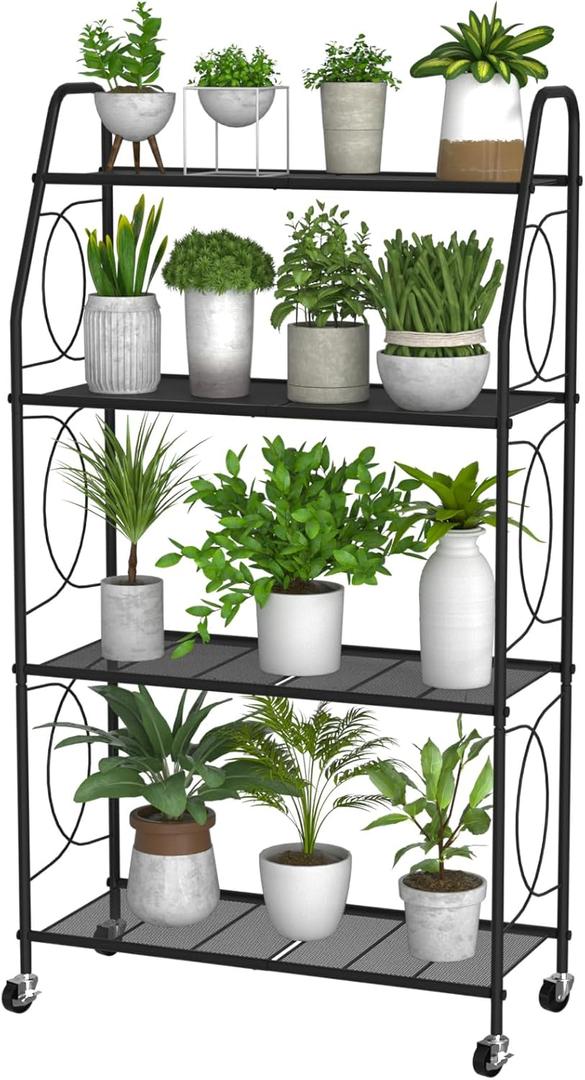VyGrow 4 Tier Plant Stand with Wheels, Plant Shelf for Indoor Outdoor, Heavy Duty Metal Tall Plant Stands Holder Rack for Living Room Balcony and Garden, Black