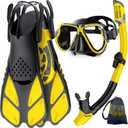 Zenoplige Mask Fins Snorkel Set, Snorkeling Gear for Adults, Panoramic View Snorkel Mask Anti-Fog, Adjustable Dive Flippers, Dry Top Snorkel and Travel Bag, Scuba Gear for Swimming Snorkeling Diving (Large-X-Large, Yellow Black)