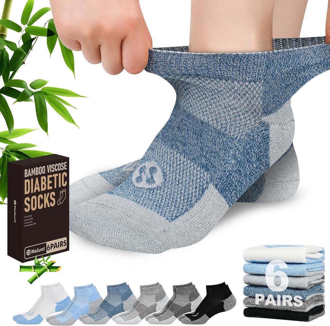 Diabetic Socks for Men,6 Pairs Low Cut Diabetic Neuropathy Socks for Men 9-12/10-13(White+Deep Blue+Blue+Dark Grey+Grey+Black-Large) (L)