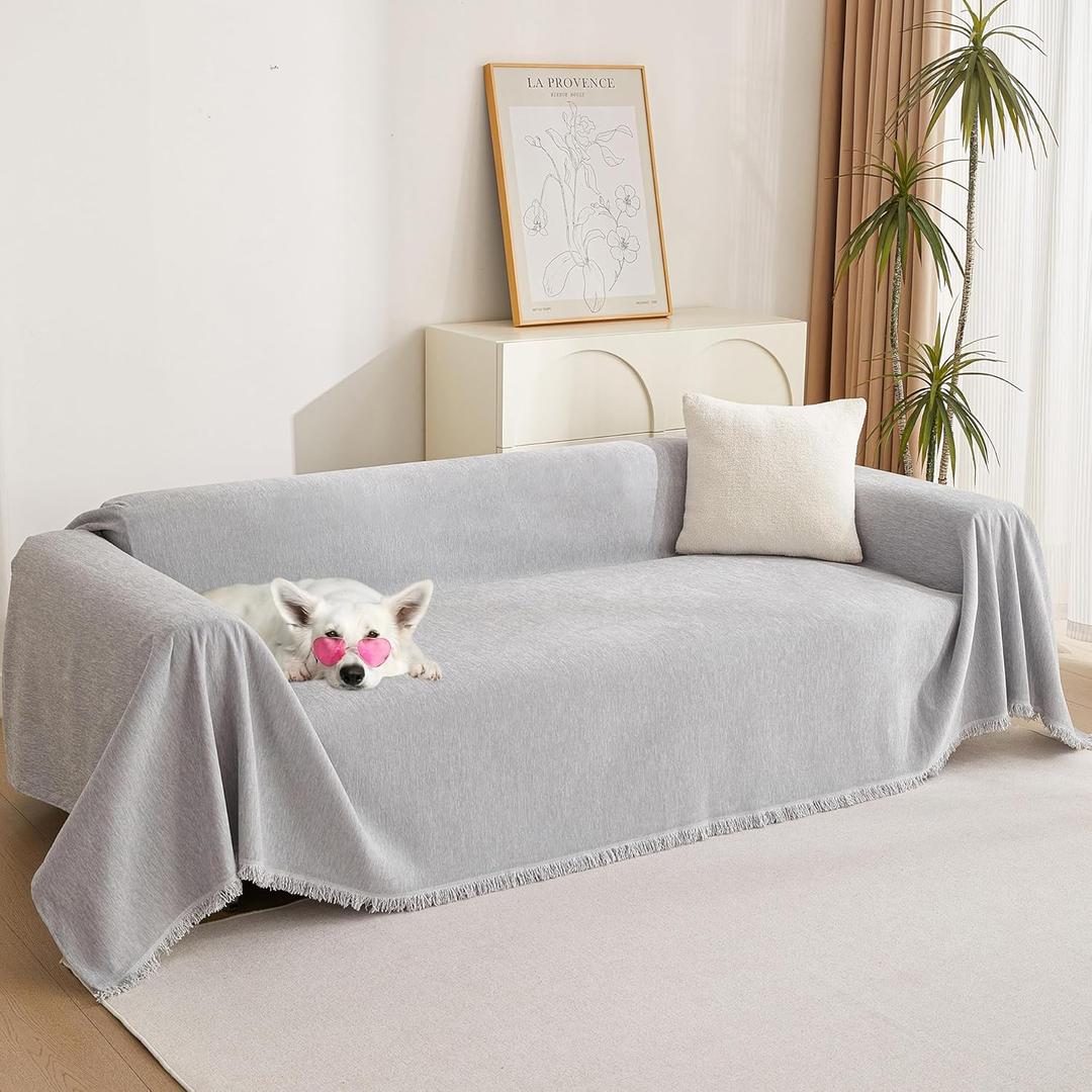 MYSKY HOME Sofa Cover for Dogs Washable for Sofa Boho Couch Cover Cover for Sofa Couch Cover Blanket Couch Cover Thick Durable Sectional Couch Covers Furniture Protector, 91"x 150", Light Gery (Tassels Edge-light Grey)