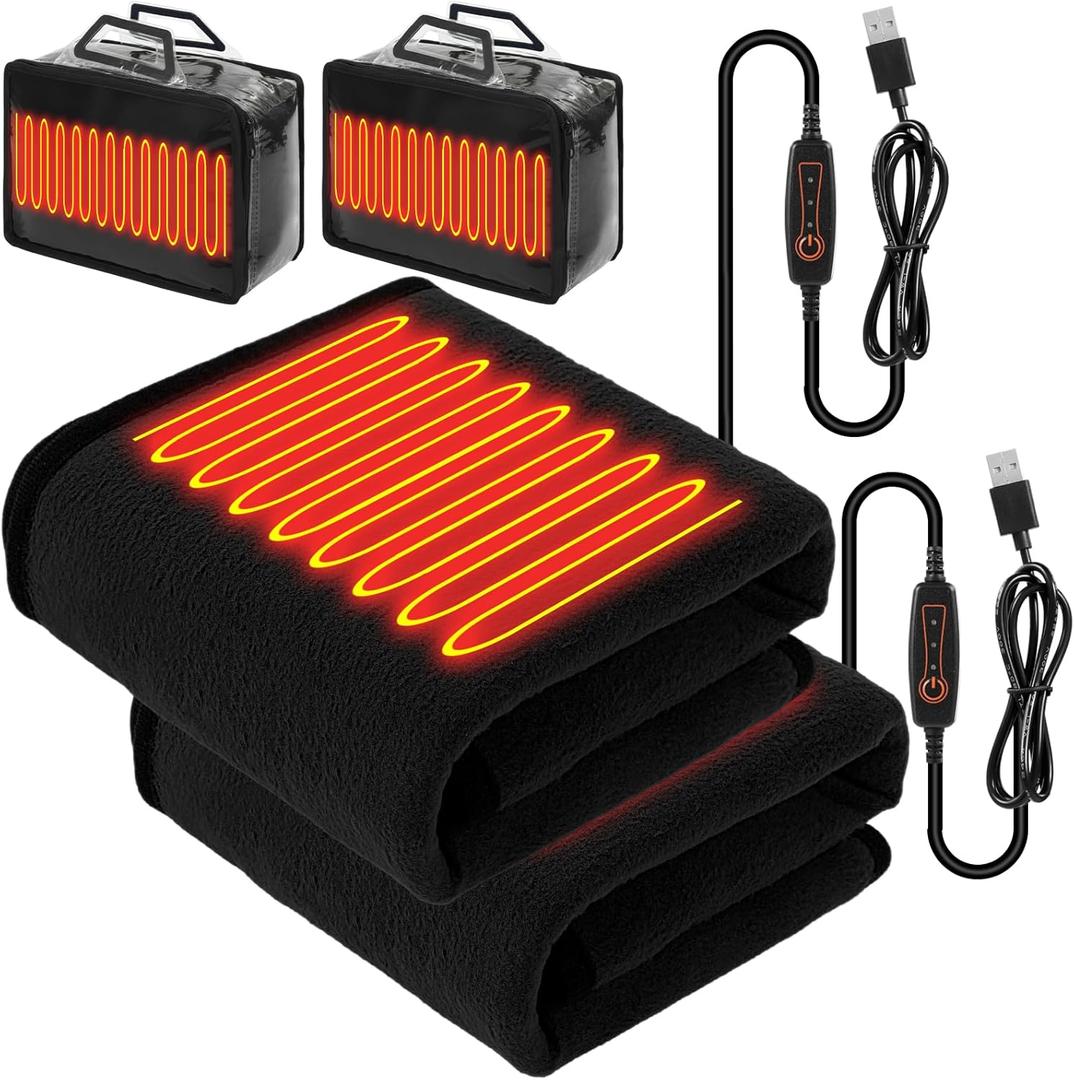 Tuanse 2 Pcs USB Heated Blanket 25"x 35" Heated Car Blanket 5V Portable USB Electric Throw 3 Heat Setting Electric Throw with Timer Temperature Controller for Car Winter Home Office(Black,Shearling)