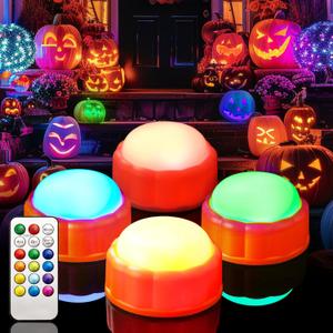 Homemory Halloween Bright LED Pumpkin Lights, Color Changing with Remote Control and Timers,Jack O'Lantern Lights Battery Operated for Halloween, Fall Decorations, Orange, Set of 4