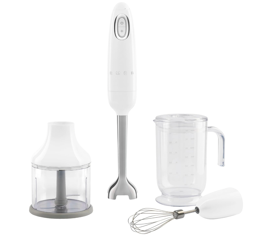 SMEG Handheld Immersion Blender with Beaker, Chopping Bowl w/Lid, Wire Whisk, 5 Speed Controls, made with Stainless Steel Blades and Ergonomic Design