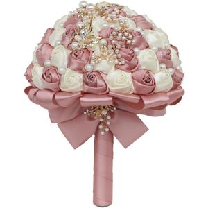 Sharebeauty 7.1 Inch Handmade Satin Rose Bridal Bouquet Toss Round Wedding Bouquet Throw Toss Artificial Flower Bunch Pastel Pink + Ivory