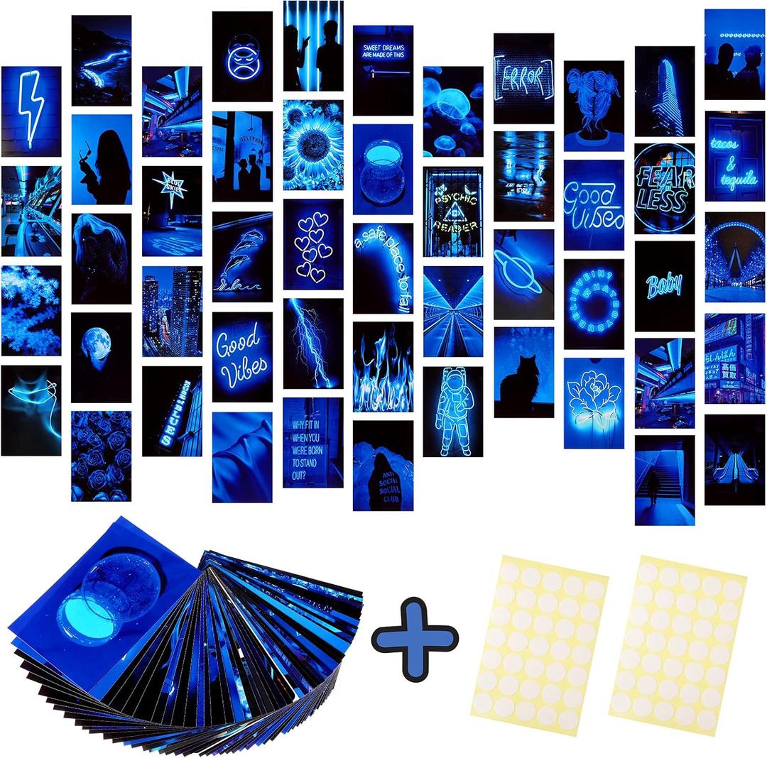 Ctosree 50 Pieces Blue Neon Aesthetic Pictures Wall Collage Kit Neon Blue Indie Room Decor Photo Collections Collage Dorm Decors for Girl Teens and Women for Room Bedroom Aesthetic, 4 x 6 Inches