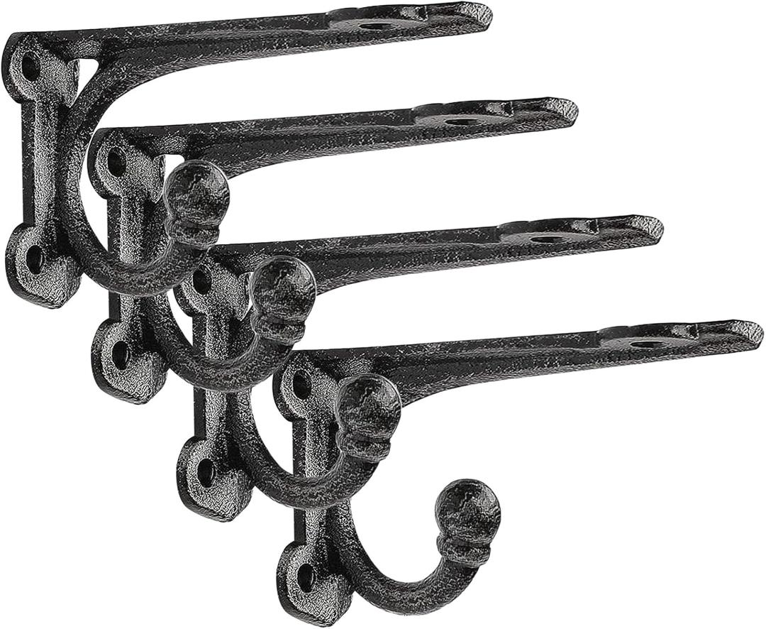 Cast Iron Shelf Brackets 4 Inch, 4 Pack Black Rustic Shelf Brackets with Hooks，Heavy Duty Floating Brackets Wall Mounted, Decorative Brackets for Wood Shelves