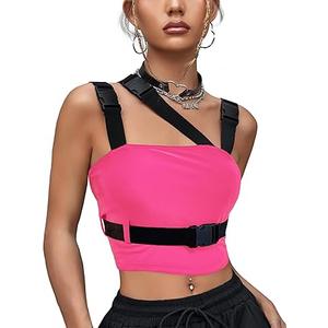 CYCLAMEN Women's Buckle Tank Tops Sleeveless Tube Crop Cami Tops Rave Gothic Punk Streetwear Shirt, Pink, Large