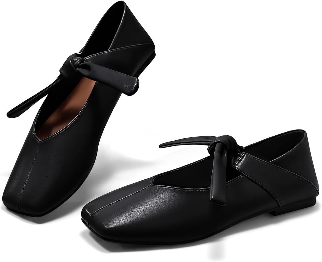 Coutgo Womens Mary Jane Flats Bow Square Toe Ballet Flats Dressy Comfortable Slip on Flat Shoes (8, Black)