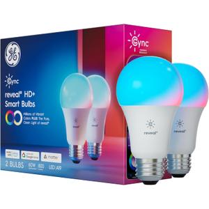GE Cync A19 Smart LED Light Bulbs, Room Decor Aesthetic Color Changing WiFi Lights, LED Indoor Light Bulb, Compatible with Alexa and Google (2 Pack) (2 Bulbs (Pack of 1), Multicolor Works With Matter)