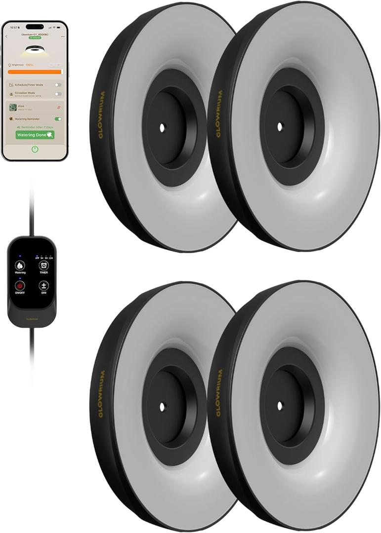 GLOWRIUM Grow Lights for Indoor Plants, 32W Smart Full Spectrum LED Grow Light, Auto Timer and Stepless Dimming,Plant Assistant with Watering Reminder,Modular Design (Black, 4PCS)