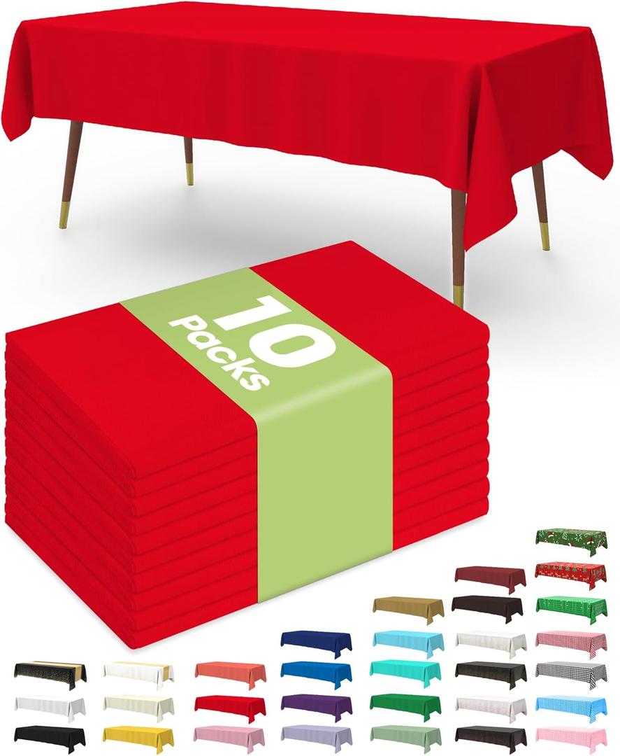 Pureegg Plastic Table Cloth Disposable 10 Pack, 54 x 108 Inch Table Cloths, Valentines Day, Thanksgiving, Christmas Decorations, Fall Tablecloths, Rectangle, Plastic Cover, Leakproof & Sturdy, Red