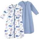 FIEMOL Baby Sleep Sack 12-18 Months, Long Sleeve Baby Wearable Blanket 0.5 Tog with Mittens, 2-Way Zipper Toddler Cotton Sleeping Sack for Boy and Girl Blue Whale 2 Pack(Large)