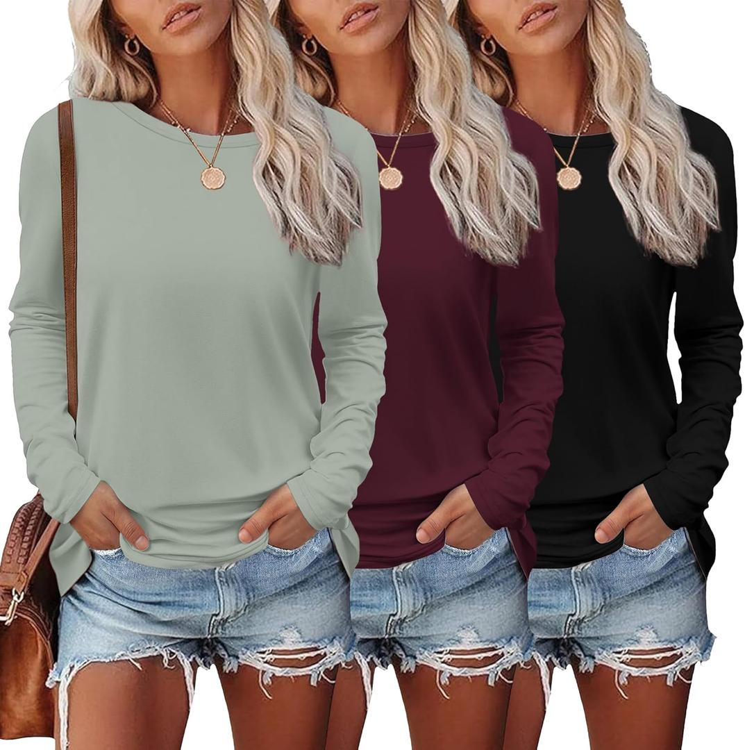 Ekouaer Womens Long Sleeve Shirts 3 Pack Crew Neck Thermal Tops Loose Fit Undershirt Base Layer Trendy Clothes (3pcs Black / Wine Red / Light Green), Size: XL