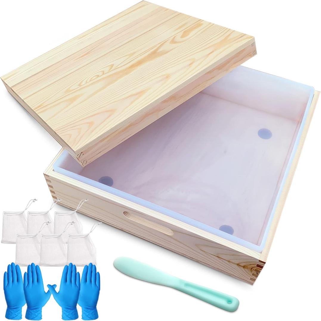 Square soap molds for soap Making Large Size - 8L 282OZ 18lb Large Rectangle Soap Mold Silicone - iwith Wood Box and Wooden Cover, soap Packaging, Gloves, Stirring Stick
