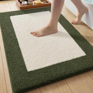 Color&Geometry Ultra Soft Bathroom Rugs Non Slip with Rubber Backing, Absorbent Washable Bath Mat Quick Dry,Microfiber Plush Carpet for Shower Floor,Bathtub,Ivory White and Olive Green,17"x30"