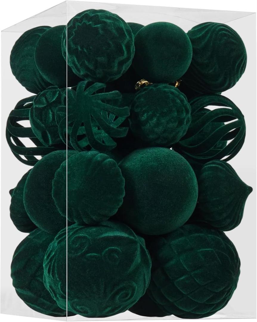30pcs Velvet Christmas Ball Ornaments, Flocked Shatterproof Christmas Ornaments Hanging Xmas Tree Decorations Set for Home Party Holiday Decor (Multi-Size, Dark Green)