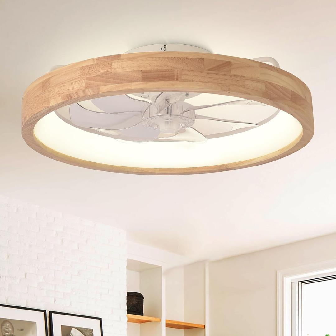 20'' Low Profile Ceiling Fans with Lights Modern Flush Mount Wood Ceiling Fan and Remote Dimmable LED