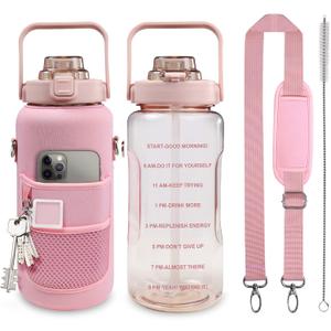 Half Gallon Water Bottle with Sleeve, 64OZ Motivational Water Bottle with Straw & Time Marker, BPA Free Leakproof Gym for Sport Workout (Pink)