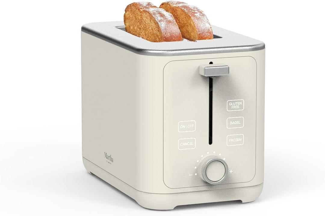 Martha Stewart 2 Slice Toaster, 10 Shade Settings with Defrost, Cancel, Bagel & Gluten-Free, Extra-Wide Self-Centering Slots for Waffles & Artisan Bread, Removable Crumb Tray, Cord Wrap, Linen White