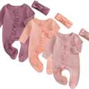 Merqwadd Baby Girl Zipper Pajama Footies 3 Pack Ruffle Sleeper Coming Home Infant Cotton Clothes (Newborn, Waffle Knit-lavender/Pink/Orange)