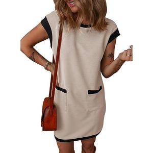 Dokotoo Women's 2026 Casual Spring Summer Dresses Fashion Cap Sleeve Color Block Crewneck Shift Tshirt Mini Dress
 Apricot Large